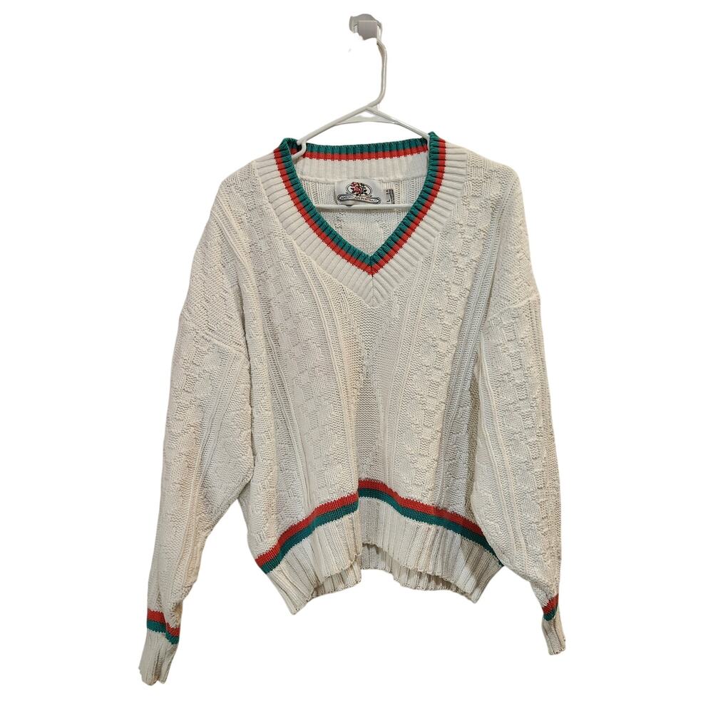 Vintage American Portrait White Textured Knit Cozy Pullover V-Neck Sweater Large